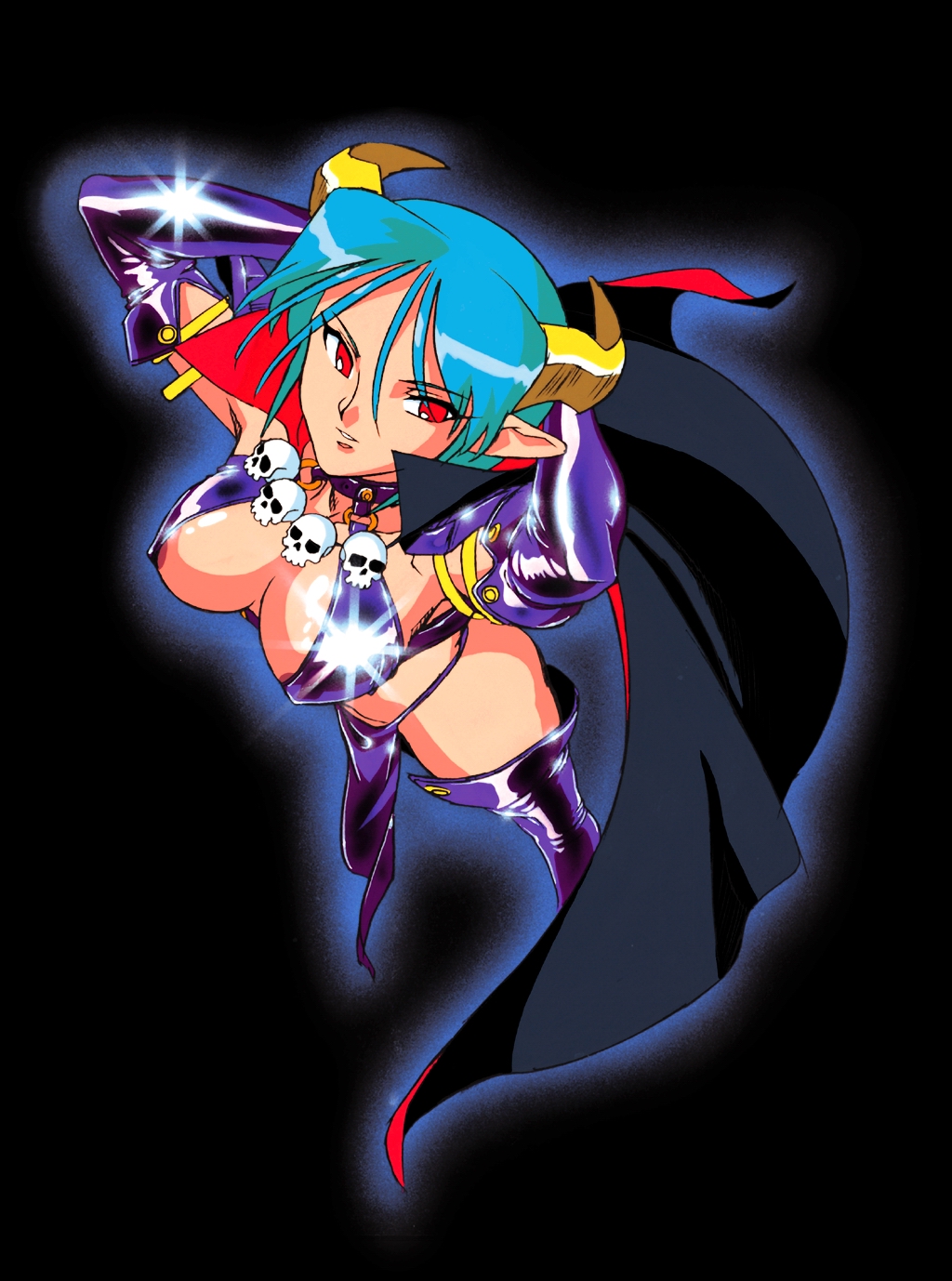 1girls 90s areola_slip areolae armpits arms_behind_head arms_up aura bare_shoulders black_background breasts cape carrera cleavage clothing collar demon_girl demon_horns elbow_gloves eyebrows_visible_through_hair eyes_visible_through_hair female female_only full_body gloves green_hair highres horns large_breasts loincloth long_ears midriff monster_girl nipple_bulge official_art panties pointy_ears purple_clothing purple_gloves purple_thighhighs purple_thong red_eyes revealing_clothes ring sasaki_masakatsu shiny short_hair shoulder_pads simple_background skull skull_necklace sogna solo standing stockings succubus succubus_costume succubus_horns teeth thick_thighs thighhighs thighs thong viper_(series) viper_gts zettai_ryouiki