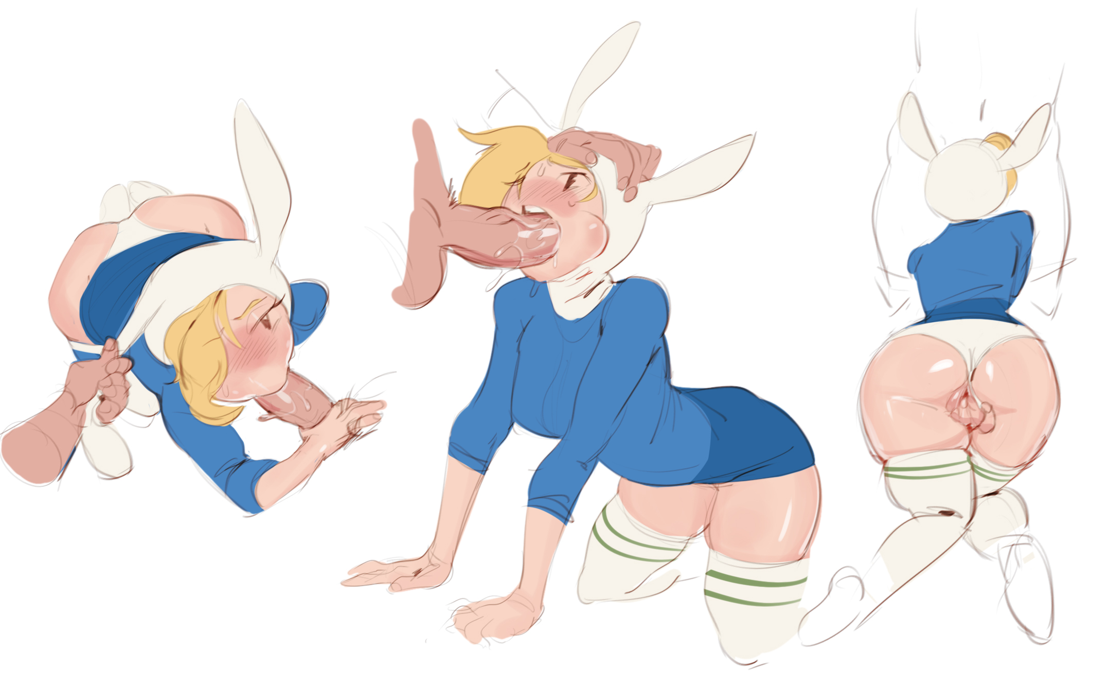 1boy, 1girls, adventure time, all fours, ass, balls, bent over, blonde hair, bluehand, blush, breasts, bunny ears, clothed sex, disembodied penis, drooling, erection, eye contact, faceless male, fellatio, female, female focus, fingering, fingering self, fionna the human girl, greasymeta, hair over one eye, half-closed eyes, hat, head grab, horny, irrumatio, kneeling, large breasts, large penis, leaning forward, light skin, light-skinned female, looking at viewer, looking pleasured, looking up, male, masturbation, multiple views, naughty face, nose blush, one eye covered, oral, panties, panties aside, penis, penis grab, pleasure face, rear view, saliva, saliva string, saliva trail, sex, sketch, skirt, skirt lift, slobber, sloppy, sweat, testicles, thick thighs, thighhighs, white background, white skin