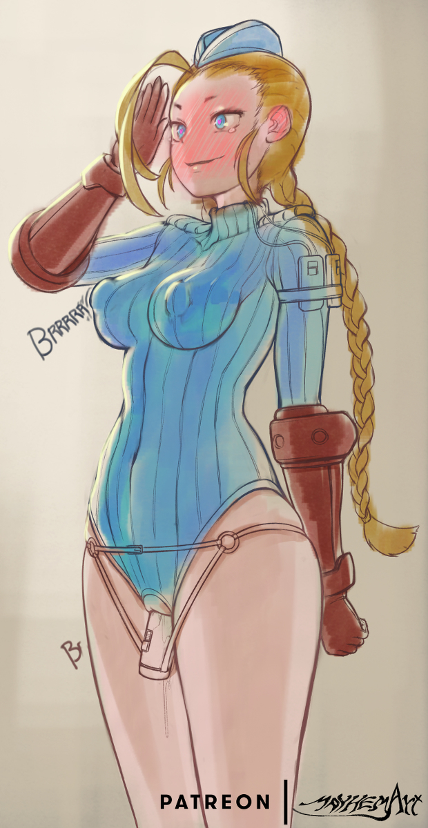 blonde hair, blue eyes, blush, cammy white, dildo, dildo harness, female, mayhem (artist), nipples, nipples visible through clothing, pussy, pussy juice, pussy plug, salute, street fighter, sweater, vibrator, vibrator under clothes