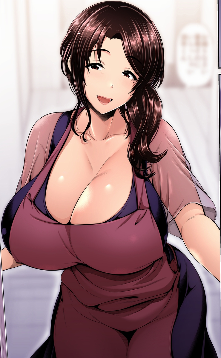 apron brown_hair cleavage curvy female huge_breasts indoor long_hair looking_at_viewer mature milf original original_character pov_eye_contact smiling thick_thighs umasan