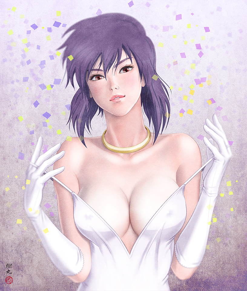 1girls breasts clavicle cleavage confetti cyborg dress erect_nipples erect_nipples_under_clothes female female_only female_protagonist ghost_in_the_shell ghost_in_the_shell_stand_alone_complex gloves head_tilt jewelry kusanagi_motoko large_breasts light_smile lips looking_at_viewer neck_ring nipples parted_lips purple_hair red_eyes short_hair sleeveless sleeveless_dress solo strap_lift strap_pull tatsumaru teeth undressing upper_body white_dress white_gloves