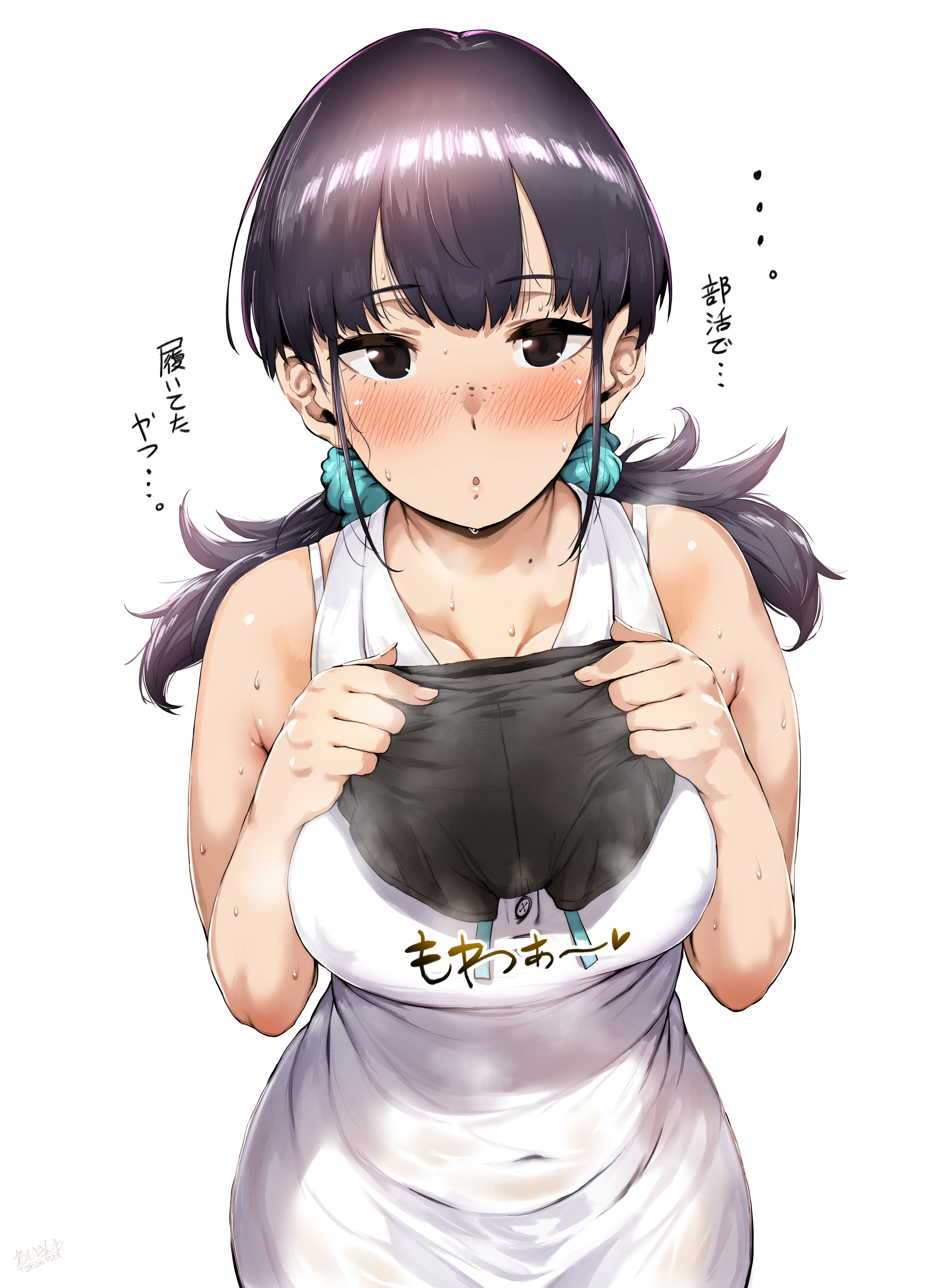 ..., 1girls, 2020, absurdres, black eyes, black hair, black underwear, blush, breasts, clavicle, clothed, dirty panties, erect nipples, erect nipples under clothes, female, female focus, female only, freckles, hero neisan, high resolution, highres, holding, holding object, holding underwear, japanese text, looking at viewer, nipples, original, presenting panties, simple background, smell, sweat, sweatdrop, text, tied hair, twintails, underwear, wet, wet clothes, white background