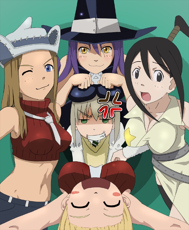 00s 5girls anger_vein black_hair blair_(soul_eater) blonde_hair breast_envy breasts cat_girl cleavage elizabeth_thompson grin hat laughing looking_at_viewer maka_albarn midriff multiple_girls nakatsukasa_tsubaki navel oedipa one_eye_closed patricia_thompson purple_hair smile soul_eater tomboy view_between_breasts white_hair wink witch_hat worried