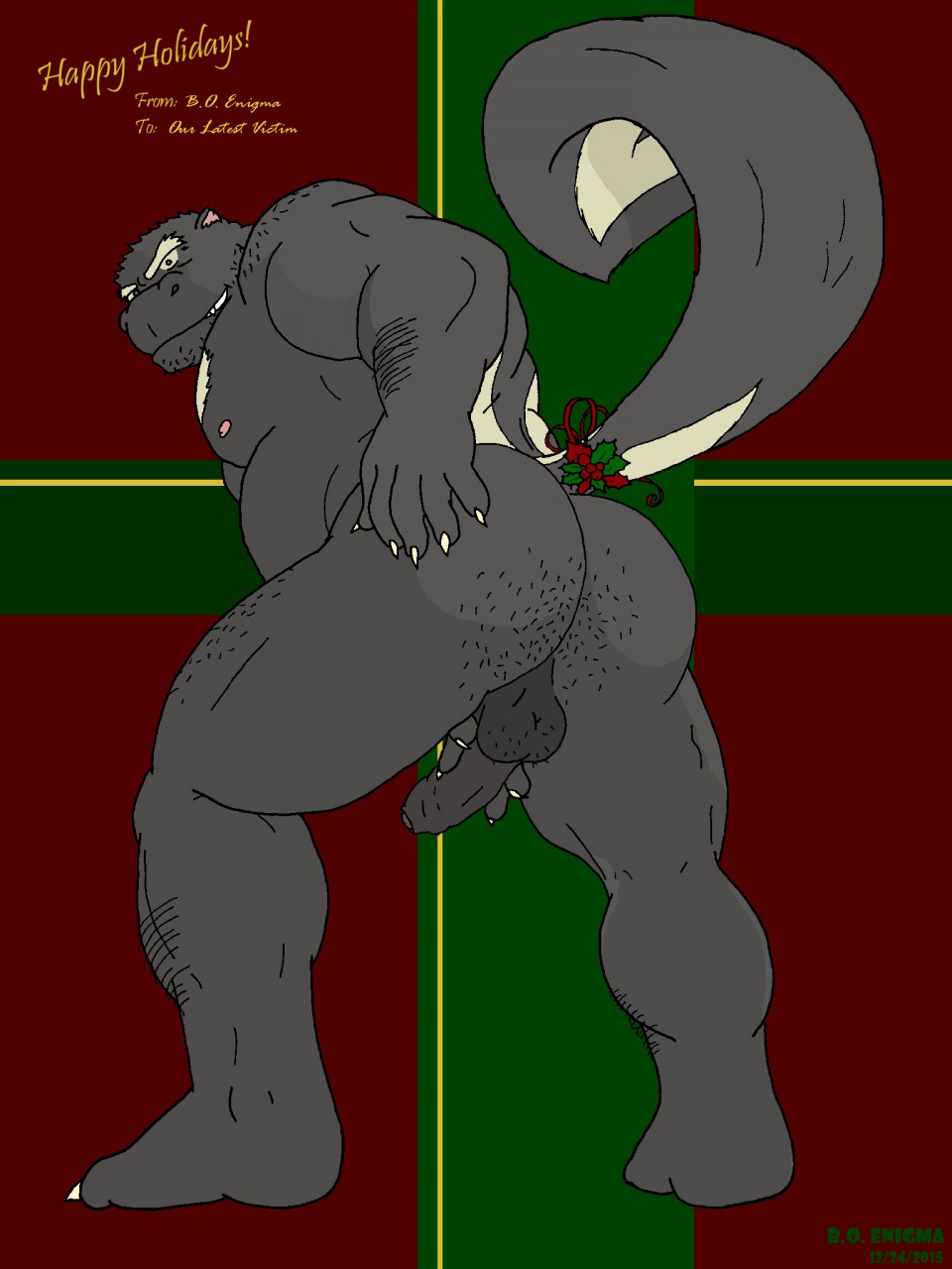 anthro ass balls big_butt body_hair boyofenigma brutus_(boyofenigma) butt_hair christmas genitals hi_res holidays macho male mammal manly mephitid muscular muscular_anthro muscular_butt muscular_male muscular_thighs nude penis presenting presenting_hindquarters raised_tail skunk solo tail