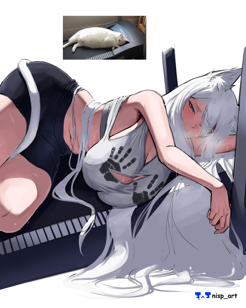 1girls, belly, belly button, big boobs, big breasts, blue eyes, blush, breasts, cat ears, cat girl, cat tail, catgirl, color, colored, female, female only, laying on side, nisp art, original, sleepy, white hair