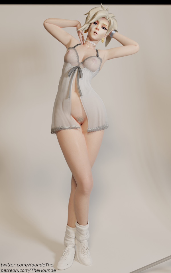 3d, babydoll, blonde hair, blonde pubic hair, breasts, female, light skin, light-skinned female, looking at viewer, mercy, no bra, no panties, overwatch, pale skin, pale-skinned female, small breasts, solo, solo female, solo focus, thehounde, transparent clothing