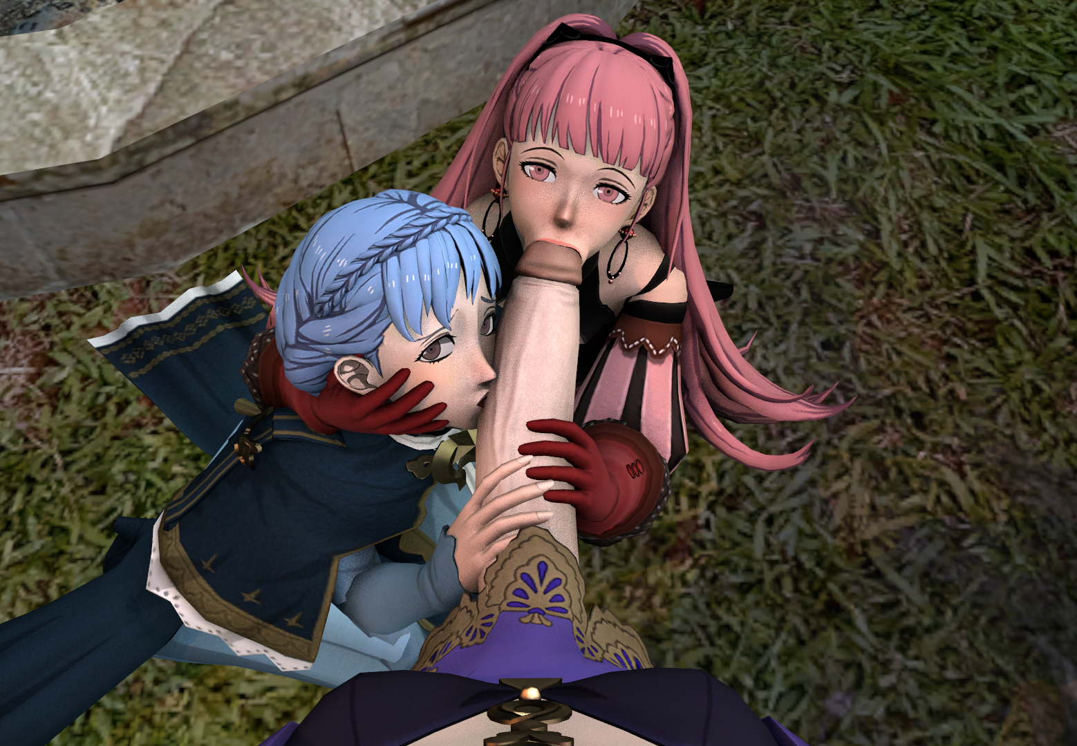 1futa, 2girls, 3d, blue hair, choker, clothed, clothed female, clothed female clothed futa, clothed futa, collaborative fellatio, double fellatio, earrings, egirl, eyelashes, fellatio, female, fire emblem, fire emblem: three houses, fringe, futa on female, futa pov, futanari, grumbino, hilda valentine goneril, hime cut, hyper, hyper penis, intersex, kissing penis, licking penis, long hair, long penis, looking at viewer, lysithea von ordelia, marianne von edmund, multiple females, multiple girls, nintendo, oral, outdoor fellatio, outdoors, penis, penis kiss, pink eyes, pink hair, pov, slim, sucking, teamwork