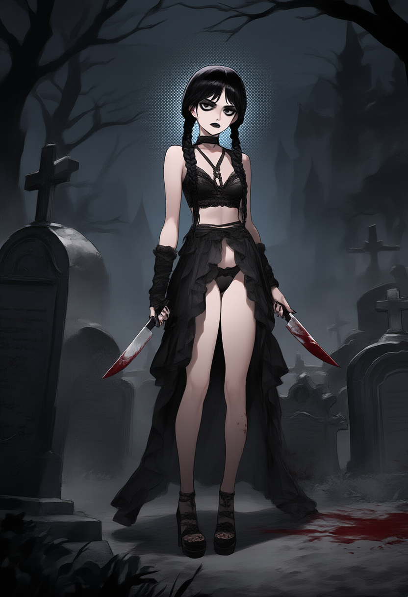 ai_generated black_bra black_eyes black_hair black_handwear black_panties blood cookie-girl dark_fantasy fog goth goth_girl graveyard high_heels knife the_addams_family wednesday_addams