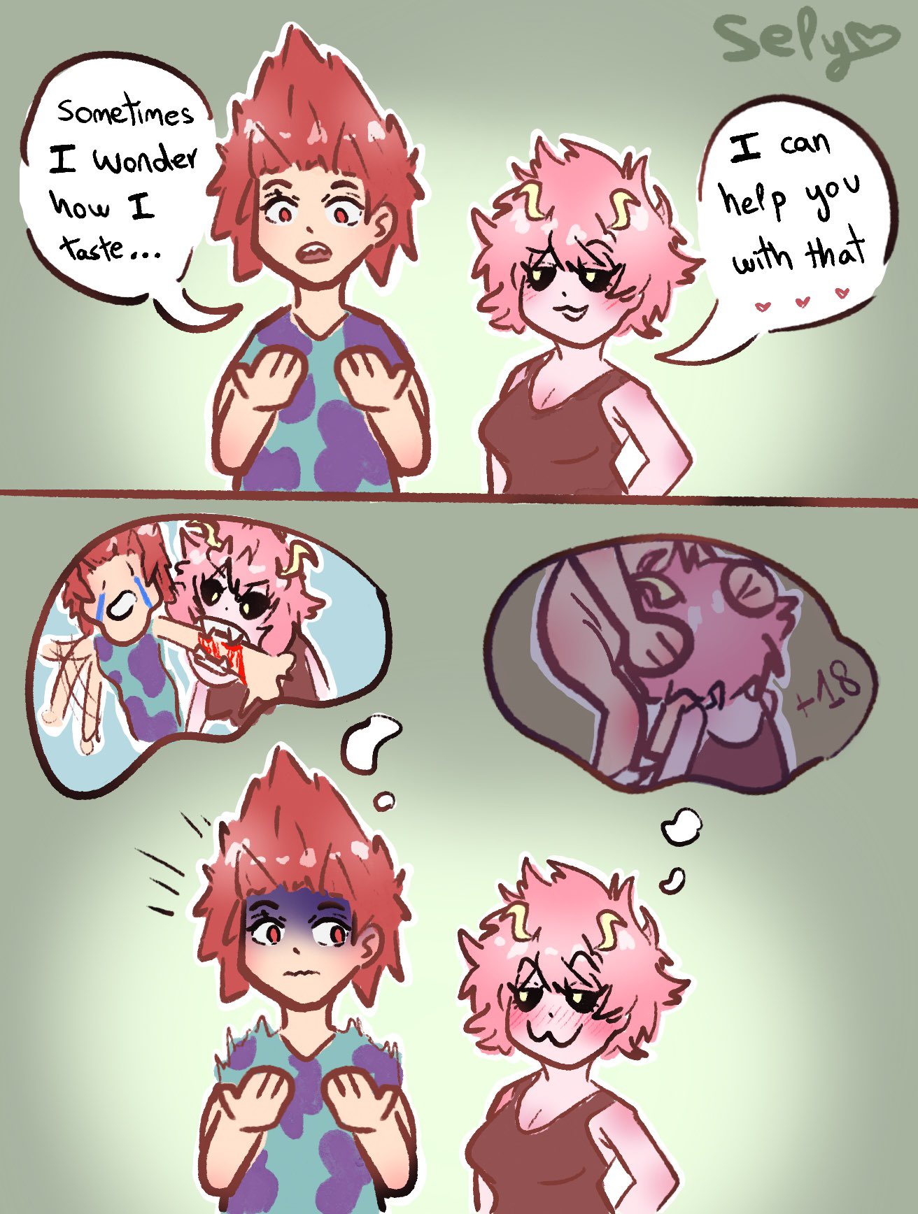 1boy 1girls ashido_mina eijirou_kirishima english_text funny horns horny horny_female humor imagining implied_oral kirishima_eijirou mina_ashido misunderstanding my_hero_academia oral pink_hair red_hair smirk speech_bubble straight thought_bubble