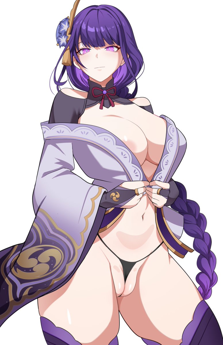 1girls abirdeer braid braided_ponytail breasts cameltoe cleavage curvy curvy_figure expressionless flower flower_in_hair genshin_impact hair_between_eyes hair_ornament hair_over_one_eye japanese_clothes japanese_clothing jewelry long_hair looking_at_viewer midriff mole purple_eyes purple_hair pussy raiden_shogun ribbon ring thick_thighs thighhighs thighs thong underwear undressing wide_hips