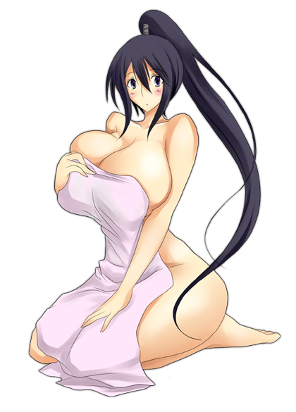 00s barefoot black_eyes black_hair breasts covering_privates curvy female female_focus huge_breasts kneeling long_hair nakatsukasa_tsubaki nude ponytail simple_background solo soul_eater towel umino_mokuzu_(a4_size) white_background