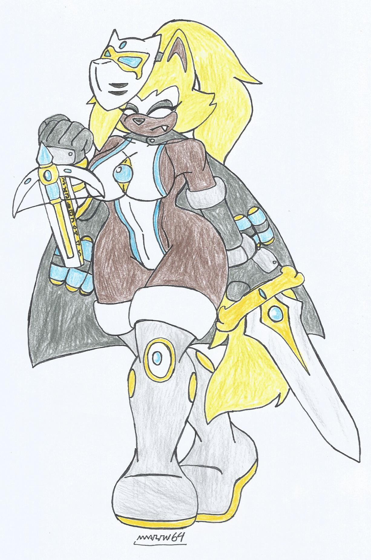 big_breasts big_hips blonde_fur blonde_hair brown_body brown_fur cape closed_eyes crossbow eyeshadow golden_axe leotard long_boots long_gloves long_ponytail marlon64 mask_on_head ranger solo_female sonic_the_hedgehog_(idw) sword traditional_drawing_(artwork) weapons whisper_the_wolf white_background white_fur