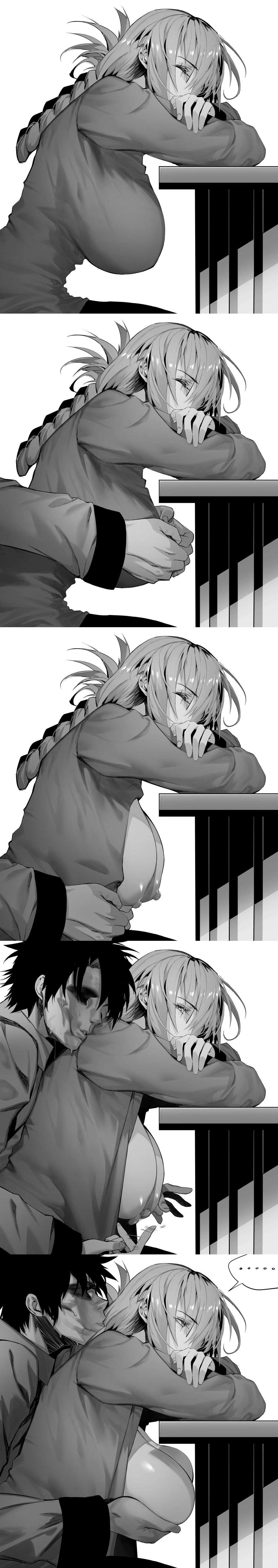 1boy, 1girls, bangs, blush, breasts, closed eyes, fate (series), fate/grand order, female, florence nightingale (fate), greyscale, groping, hxd, jacket, large breasts, long hair, looking at viewer, male, monochrome, multiple views, open clothes, open jacket, sitting, sleeping