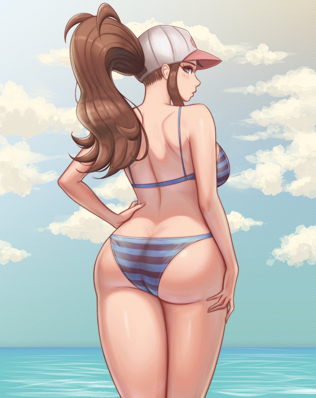 ass, big ass, big breasts, big butt, big thighs, big titties, bikini, breasts, brown hair, clothing, curvaceous, curvaceous female, curvaceous figure, curvy, curvy figure, curvy hips, female, female focus, female only, game freak, hilda (pokemon), long hair, looking at viewer, nintendo, pokemon, pokemon bw, ponytail, vyor