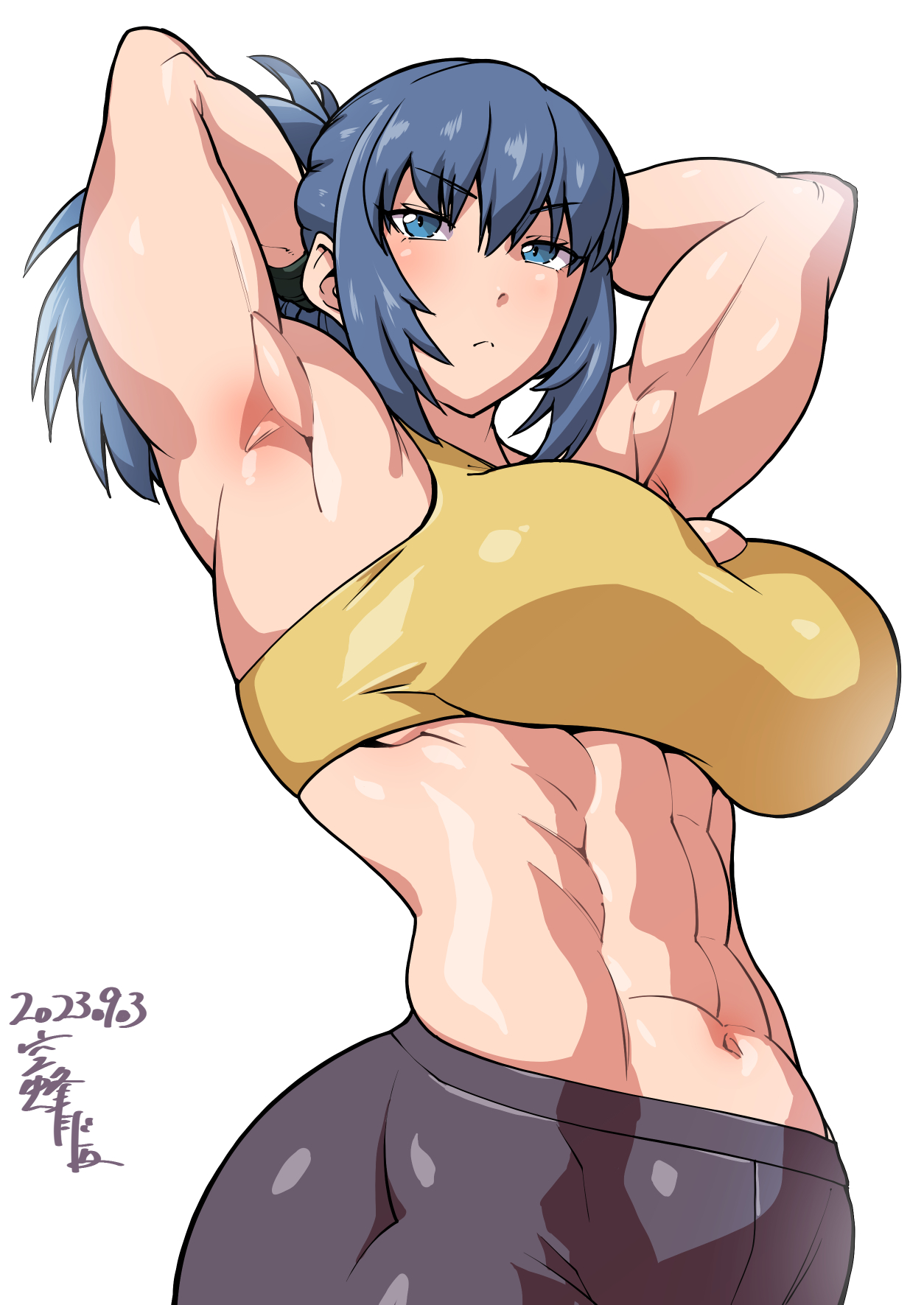 1girls, 2d, abs, armpits, arms up, big ass, big breasts, blue eyes, blue hair, busty, female, fully clothed, jackasss, jjjackasss, king of fighters, leggings, leona heidern, muscles, muscular, muscular female, ponytail, snk, solo, solo female, solo focus, tagme, toned, toned female, yellow tank top