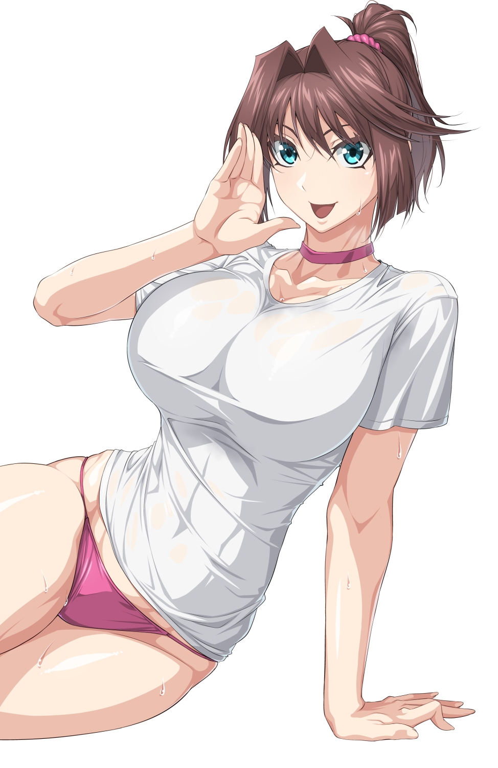 alternate_breast_size arm_support bare_legs blue_eyes breasts brown_hair choker commentary_request covered_navel feet_out_of_frame female hand_up highres large_breasts linea_alba mazaki_anzu medium_hair open_mouth ozaneko panties ponytail purple_choker purple_panties shirt short_sleeves simple_background smile solo sweat toned underwear white_background white_shirt yu-gi-oh! yu-gi-oh!_duel_monsters yu-gi-oh!_the_dark_side_of_dimensions