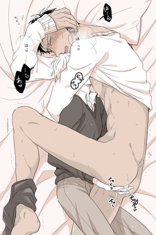 2boys anal_fingering aomine_daiki big_bottom blush bottom_aomine closed_eyes daiki_aomine face_in_chest kuroko's_basketball kuroko_no_basuke kuroko_tetsuya laying_on_bed male/male small_dom_big_sub small_top_big_bottom tan_skinned_male tetsuya_kuroko