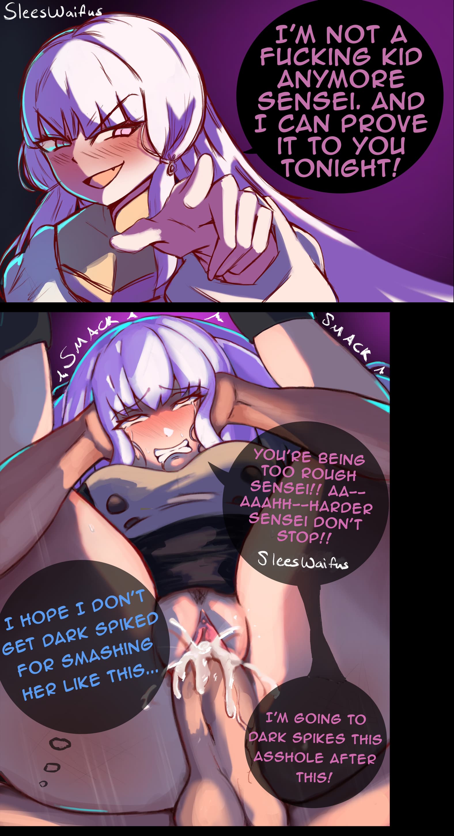 1boy, 1girls, 2koma, alternate costume, alternate hairstyle, ass, bangs, bratty correction, byleth (fire emblem), byleth (fire emblem) (male), clenched teeth, correction, crying, crying with eyes open, cum, cum in pussy, cum inside, english text, female, fire emblem, fire emblem warriors: three hopes, fire emblem: three houses, full nelson, full nelson (legs held), full nelson vaginal, garreg mach monastery uniform, instant loss, instant loss 2koma, large ass, lysithea von ordelia, male, nintendo, official alternate costume, official alternate hairstyle, pink eyes, pointing, pussy, sex, sleesart, smile, straight, teacher and student, text, white hair