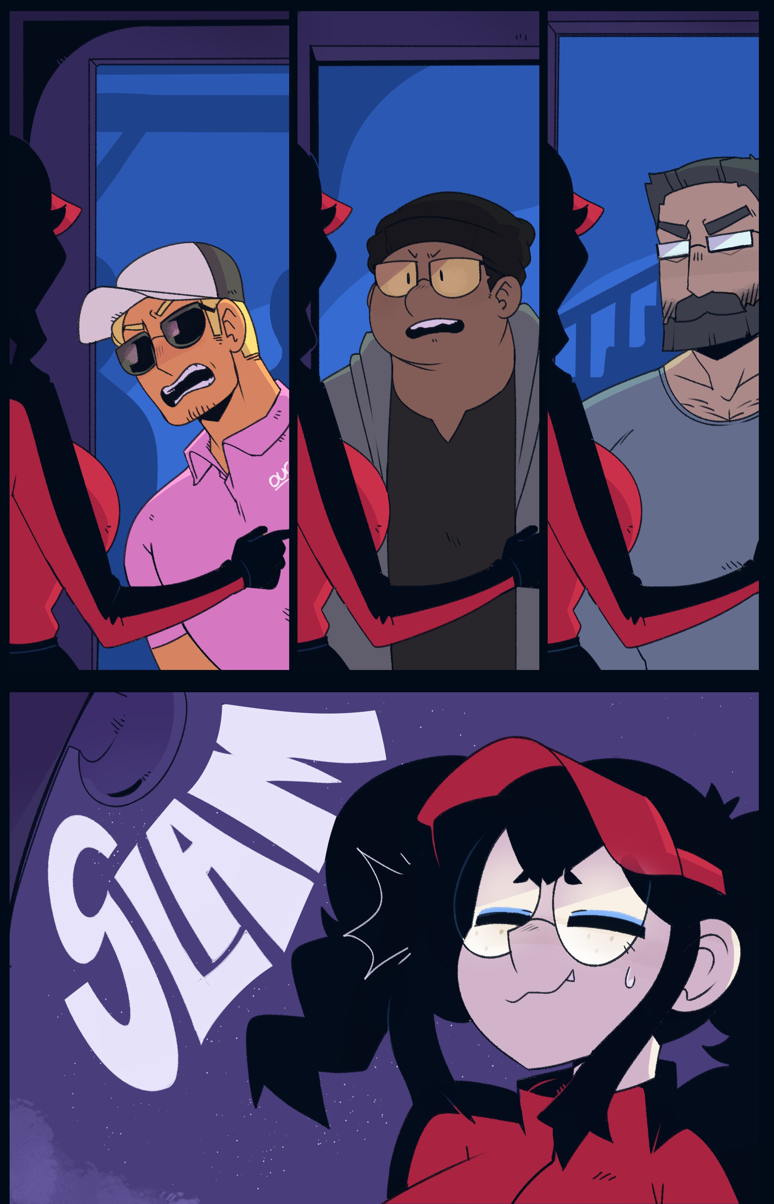 beard, big breasts, black hair, blue eyes, breasts, brown hair, brown skin, character request, chest hair, dark skin, dark-skinned male, fangs, female, freckles, gats, glasses, male, original, original character, original characters, pizza thot, sad, size difference, sweat, tips (gats), twintails, uniform