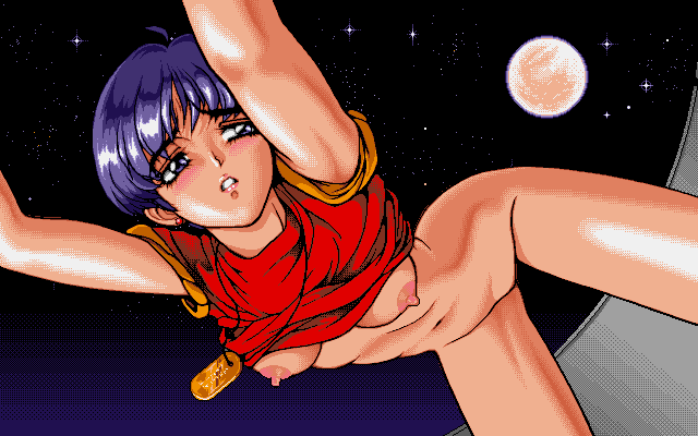 1girls 90s areolae blue_eyes blue_garnet blue_hair blush bottomless breasts dog_tags erect_nipples female female_focus female_only game_cg kajiyama_hiroshi moon navel nipples pc98 pixel_art shirt_up space stars trush_(company)