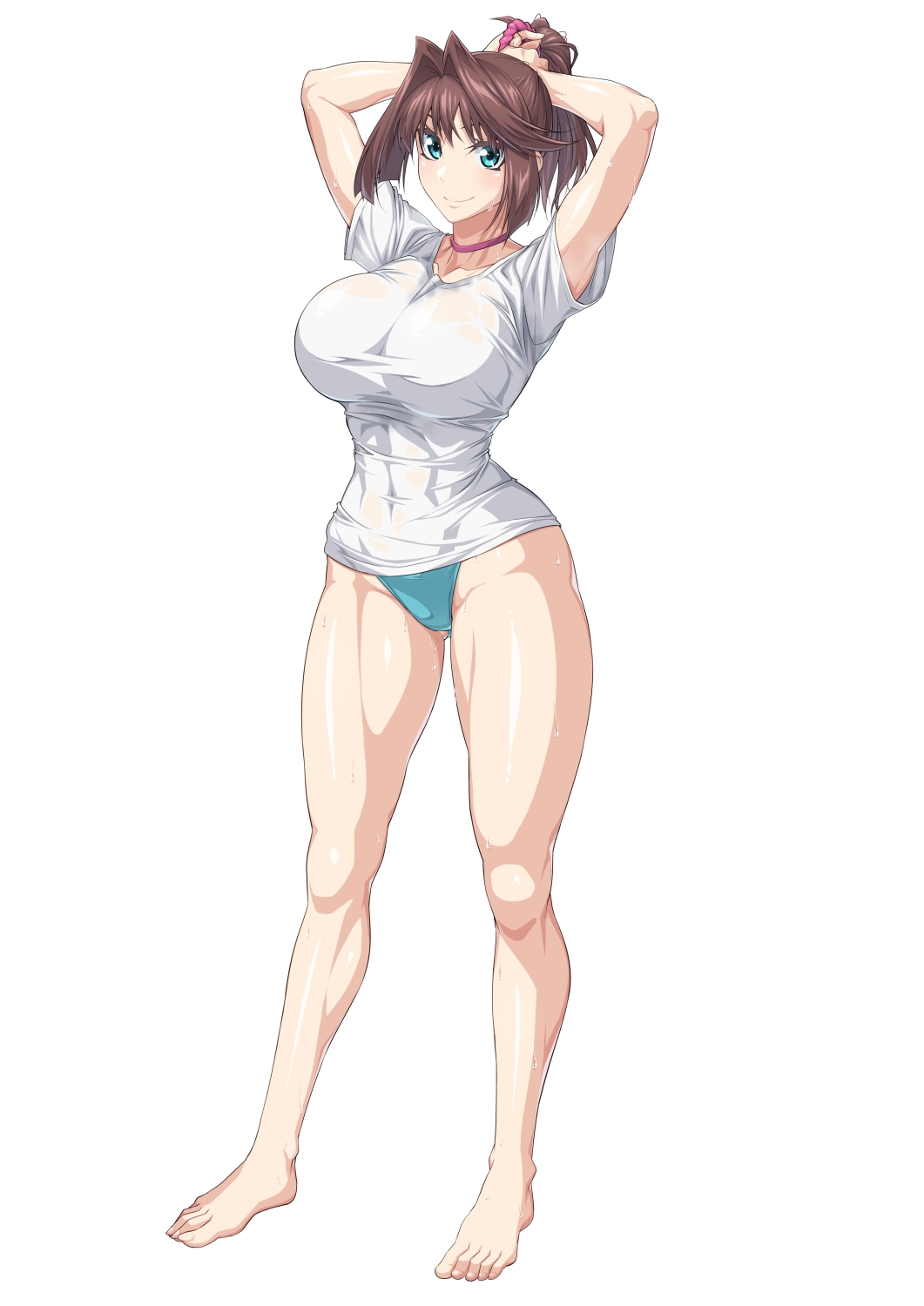 adjusting_hair aqua_panties arms_up bare_legs barefoot blue_eyes breasts brown_hair choker covered_navel female full_body highres large_breasts looking_at_viewer mazaki_anzu ozaneko panties pink_choker ponytail shadow shirt short_sleeves simple_background smile solo standing sweat underwear wet white_background white_shirt yu-gi-oh! yu-gi-oh!_duel_monsters yu-gi-oh!_the_dark_side_of_dimensions