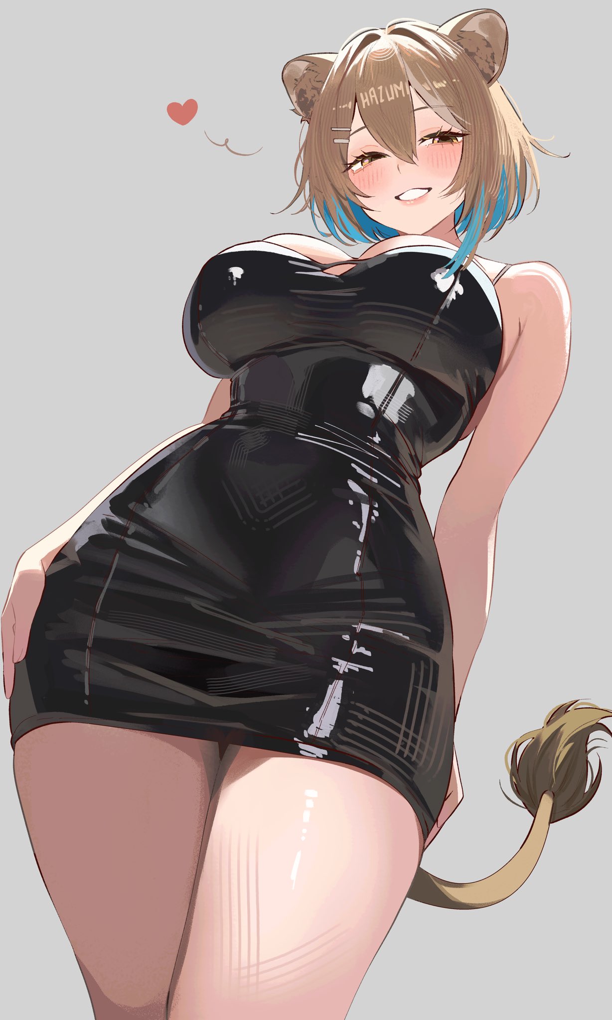 anthro big_breasts black_dress blush breasts cat_girl cat_humanoid catgirl cleavage clothing dress dressed dye dyed_hair fancy fancy_clothing fancy_dress hazumi_aileen heart heart_symbol latex latex_clothing latex_dress light-skinned_female light_skin lion_ears low-angle_view shiny_clothes shiny_dress smile smiling tagme tail