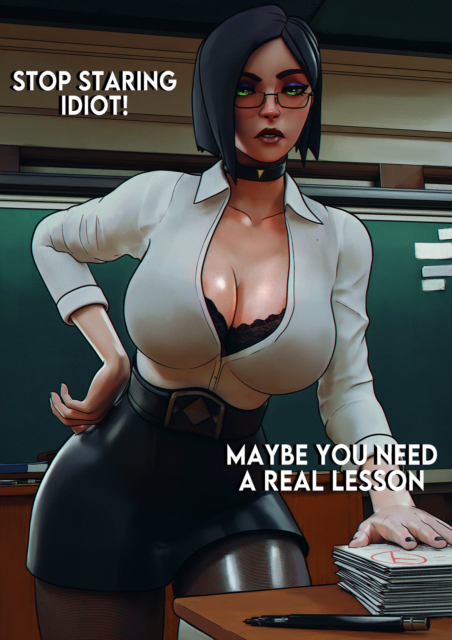 1girls, 3d, 3d (artwork), 3d model, 3d render, alternate version available, armwear, ass, big ass, big breasts, black bra, black choker, black hair, black nails, board, bob cut, bra, breasts, breasts bigger than head, cape, choker, classroom, classroom desk, classroom setting, cleavage, cleavage cutout, clothed, clothed female, clothes, clothing, curvaceous, curvy, curvy female, curvy figure, detailed background, dialogue, english, english dialogue, english text, eyebrows, eyeliner, female, female focus, female only, fit, fit female, fully clothed, fully clothed female, glasses, green eyes, highres, huge breasts, lace, lace-trimmed bra, large breasts, light skin, light-skinned female, lips, long legs, nails, nails painted, nylon stockings, nylons, painted fingernails, painted nails, pen, purple eyeshadow, reflection, scolding, seductive, seductive look, seductive pose, sexy, sexy pose, sfrinzy, shirt, skimpy, skirt, slim waist, solo, solo female, solo focus, talking to viewer, teacher, teacher outfit, thick, thick ass, thick butt, thick thighs, thighs, tight clothes, tight clothing, valorant, video game character, video games, viper (valorant), voluptuous, voluptuous body, voluptuous female, weapon, wide hips