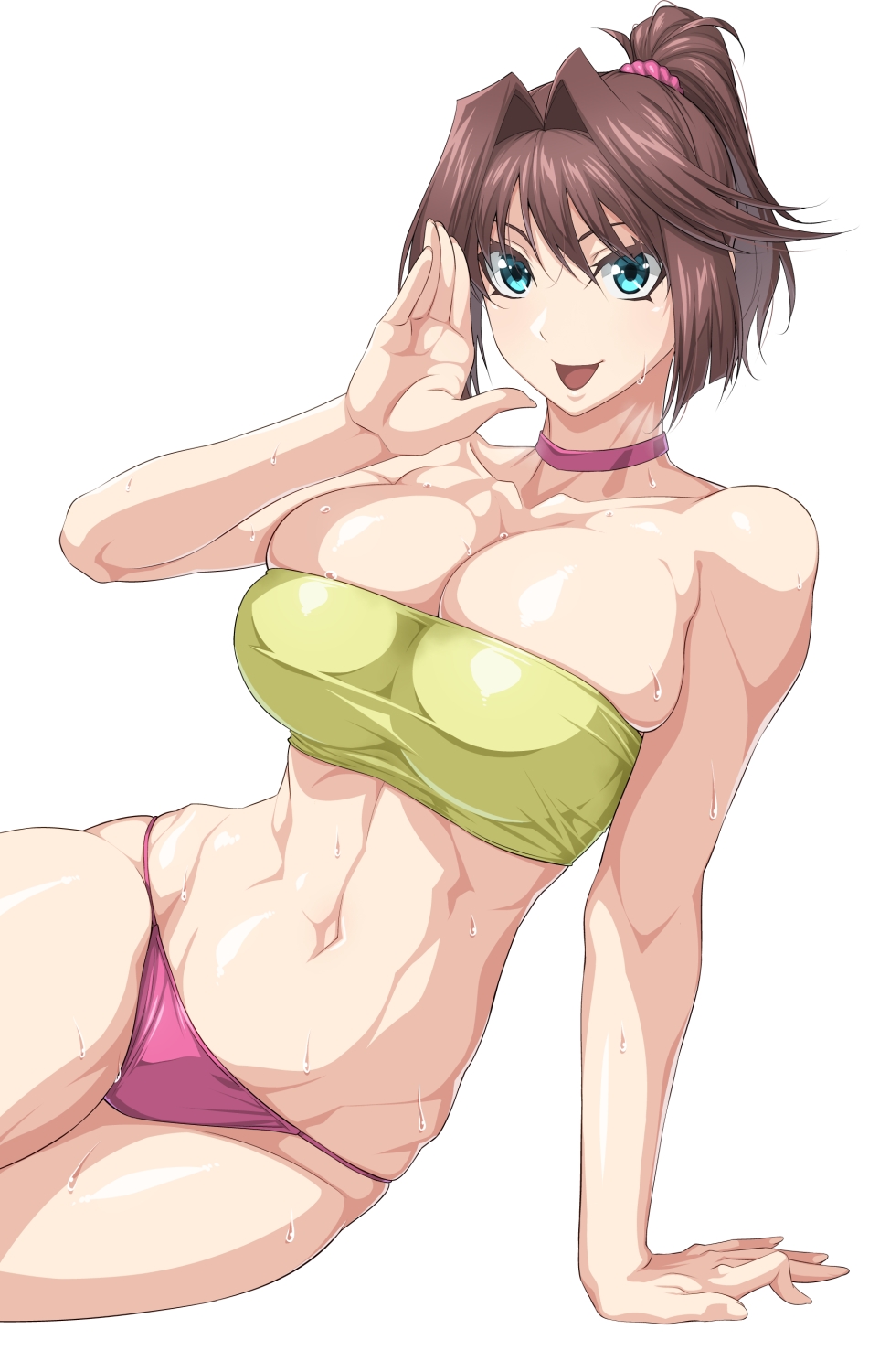 alternate_breast_size arm_support bare_legs bare_shoulders blue_eyes breasts brown_hair choker commentary_request feet_out_of_frame female hand_up highres large_breasts linea_alba mazaki_anzu medium_hair navel open_mouth ozaneko panties ponytail purple_choker purple_panties simple_background skindentation smile solo strapless sweat tea_gardner toned tube_top underwear white_background yu-gi-oh! yu-gi-oh!_duel_monsters yu-gi-oh!_the_dark_side_of_dimensions