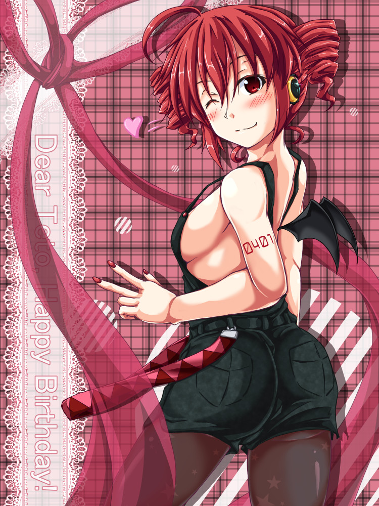 1female ass black_wings drill_hair kasane_teto red_cheeks red_eyes red_hair utau wink