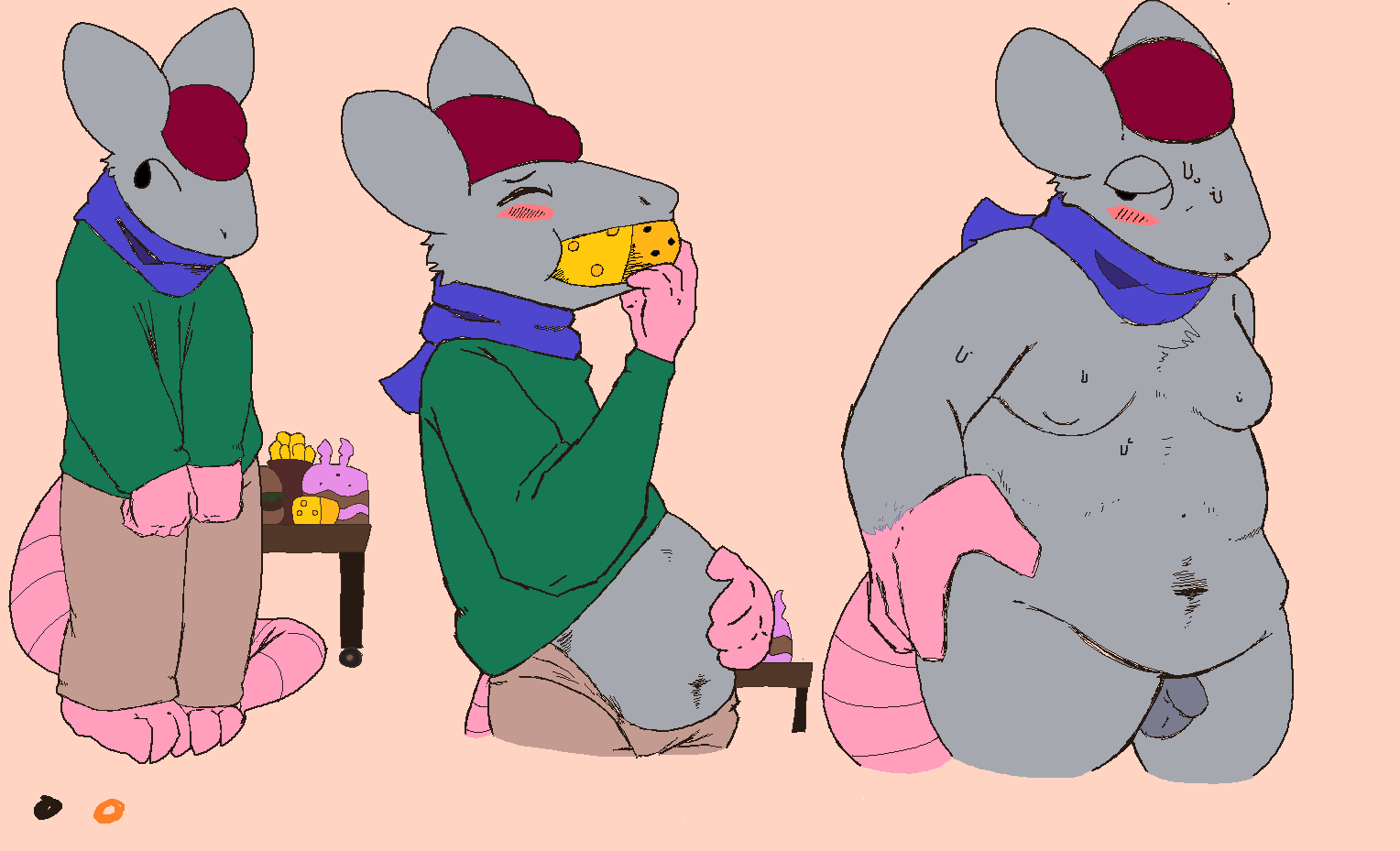 anthro anthro_only blue_scarf blush bulge_through_clothing bulging_belly cheese clothed_to_nude eating food furry grabbing_waist green_shirt grey_fur male male_only ms_paint rasva rat rat_tail red_hat rottarat simple_background simple_shading small_penis solo sweating weight_gain