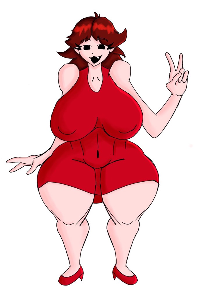 big_ass big_breasts brown_hair clothed demon demon_girl demon_horns dress friday_night_funkin girlfriend_(friday_night_funkin) innocent long_hair oblivious peace_sign shortstack slightly_chubby slutty_outfit slutty_teenager smile standing teenager thick_ass thick_legs thick_thighs thunder_thighs