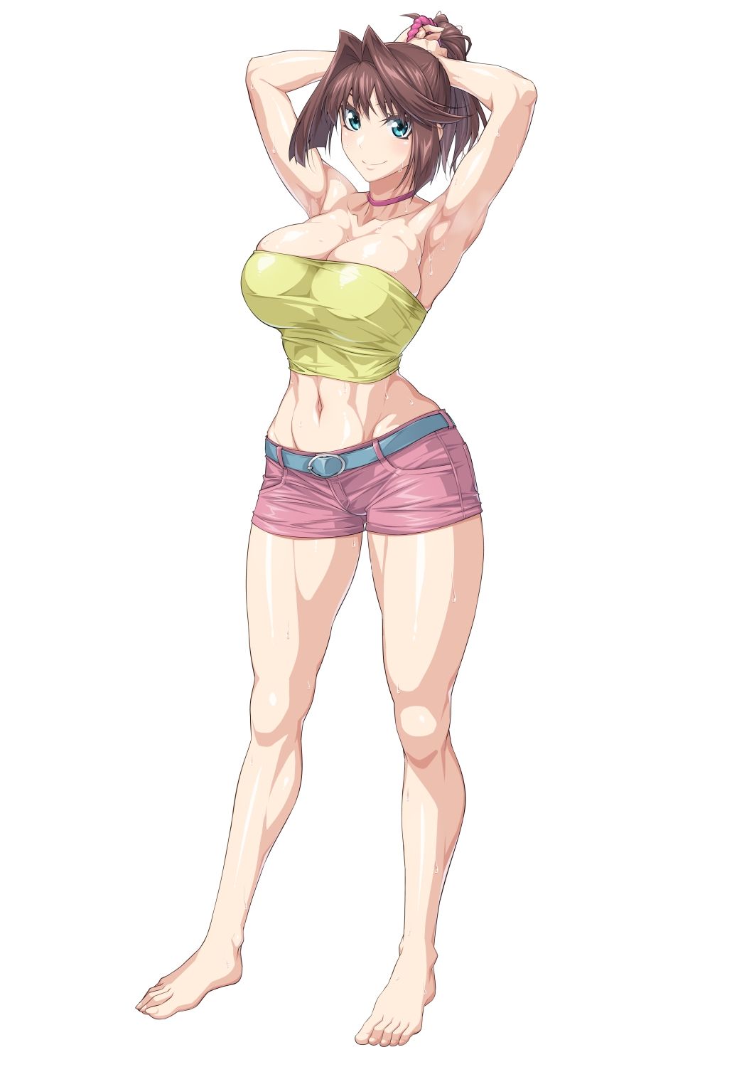 adjusting_hair armpits arms_up bare_legs barefoot belt blue_eyes breasts brown_hair choker female full_body grey_belt highres large_breasts looking_at_viewer mazaki_anzu midriff ozaneko pink_choker pink_shorts ponytail shadow shirt shorts simple_background smile solo standing strapless sweat tube_top wet white_background yellow_shirt yu-gi-oh! yu-gi-oh!_duel_monsters yu-gi-oh!_the_dark_side_of_dimensions