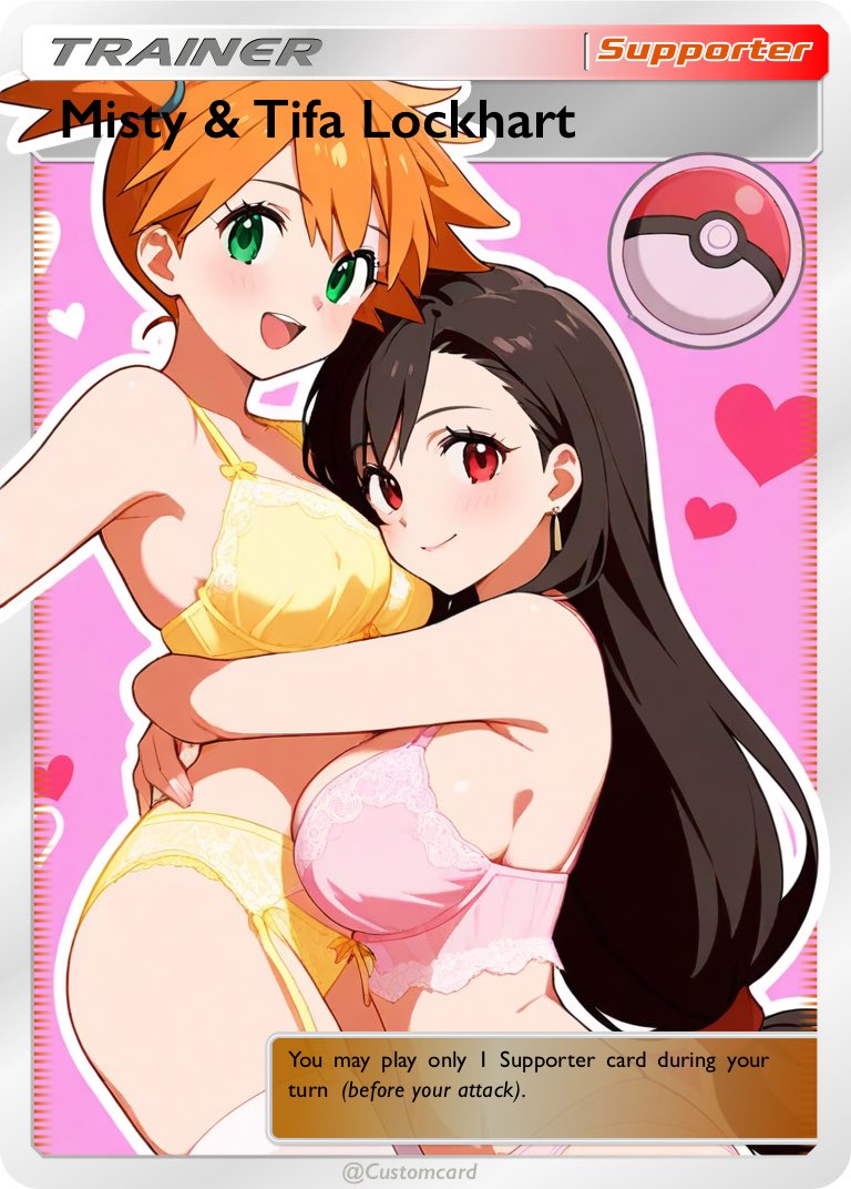 2girls :d ai_generated ass asymmetrical_hair bangs bare_arms bare_shoulders black_hair blush bra breasts brown_hair clavicle cleavage closed_mouth clothing earrings embracing english_language english_text eyelashes female female_only final_fantasy garter_belt green_eyes hair_ornament heart holding hug jewelry kasumi_(pokemon) large_breasts legwear lingerie long_hair looking_at_viewer low-tied_long_hair medium_breasts midriff multiple_girls navel open-mouth_smile open_mouth orange_hair pantsu pink_bra pink_panties pink_underwear poke_ball pokemon ponytail red_eyes shirt short_hair side_ponytail smile standing suspenders teeth text thighhighs thighs tied_hair tifa_lockhart underwear underwear_only upper_teeth upper_teeth_only yellow_panties yellow_shirt