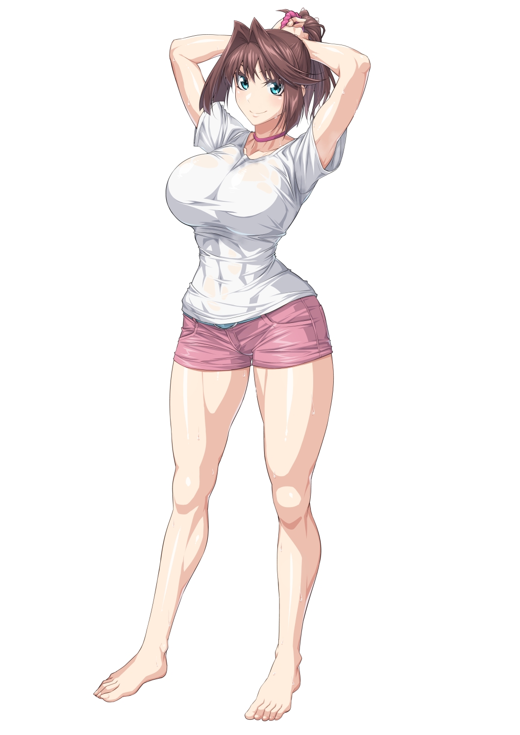 adjusting_hair arms_up bare_legs barefoot blue_eyes breasts brown_hair choker covered_navel female full_body highres large_breasts looking_at_viewer mazaki_anzu ozaneko pink_choker pink_shorts ponytail shadow shirt short_sleeves shorts simple_background smile solo standing sweat wet white_background white_shirt yu-gi-oh! yu-gi-oh!_duel_monsters yu-gi-oh!_the_dark_side_of_dimensions