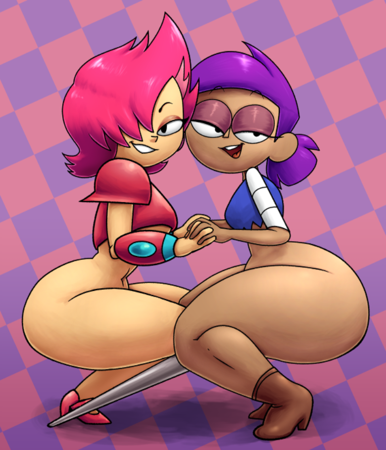 2021 2girls :3 alternate_version_at_source alternate_version_available bedroom_eyes big_ass bottomless cartoon_network checkered_background enid face_to_face female female_only from_side hair_over_one_eye holding_hands jigglytoons looking_at_viewer ok_k.o.!_let's_be_heroes pegleg pink_hair pinup ponytail prosthetic_leg purple_hair red_action red_hair smug smug_face soubriquetrouge squatting tagme thick_thighs