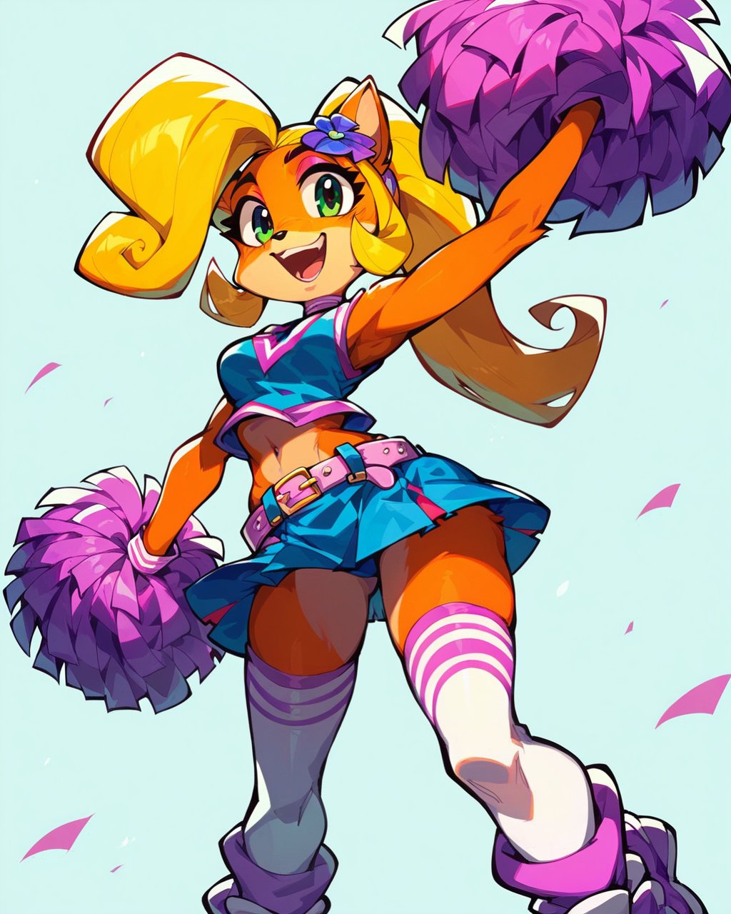 1girls abstract_background ai_art ai_generated anthro bandicoot blonde_hair cheerleader cheerleader_outfit cheerleader_uniform coco_bandicoot crash_(series) furry midriff pom_poms saucy_trove solo stable_diffusion tagme