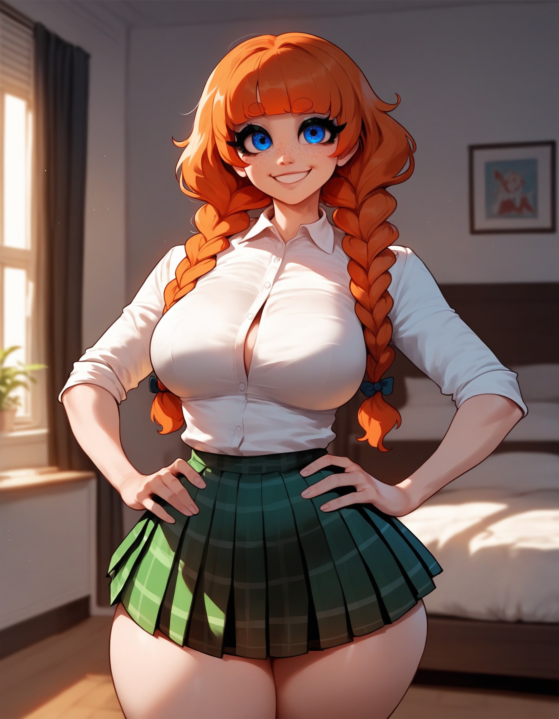 1girls, ai generated, ass, big ass, big breasts, blue eyes, braid, braided hair, breasts, curvy, curvy figure, cute, cute face, female, freckles, light skin, light-skinned female, melony (xandr), red hair, schoolgirl, shirt, thick, thick ass, thick legs, thick thighs, twin braids, xandr, young, younger female