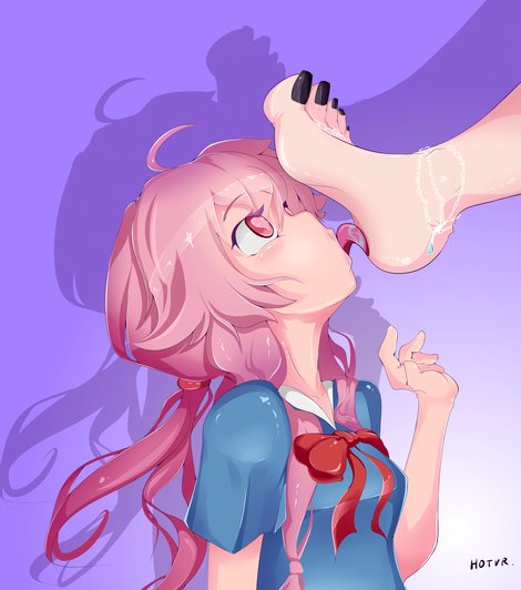 1girls ankle_bracelet arm_up black_toenails blue_shirt blush bow braid eyebrows_visible_through_hair female female_focus female_only femsub foot_fetish foot_in_face foot_lick gasai_yuno hair_tie heart-shaped_pupils hotvr licking licking_foot long_hair looking_up mirai_nikki pink_hair purple_background saliva school_uniform schoolgirl shadows small_breasts toenails toes tongue tongue_out twintails white_skin