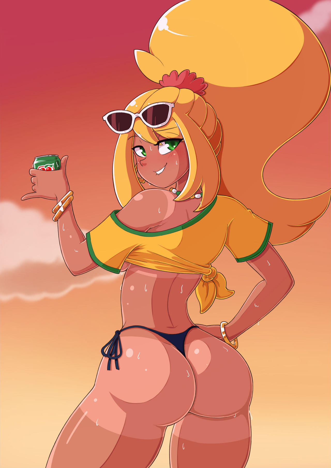 1girls ass bikini bikini_bottom biting_lip biting_own_lip blonde_hair bracelet brazil brazilian brazilian_miku brazilian_miku_(cosplay) cosplay earring earrings female female_only green_eyes hatsune_miku long_hair looking_at_viewer looking_back metroid necklace ponytail samus_aran shirt smile solo sunglasses sunglasses_on_head sweat sweat_body tan_body tanline thick thick_ass thick_thighs tied_shirt tin_can vocaloid