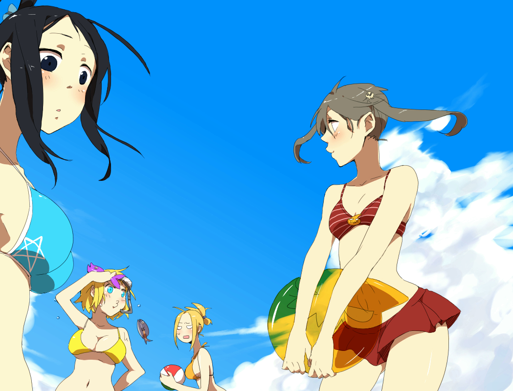 black_hair blonde_hair blue_eyes breasts clothing elizabeth_thompson female long_hair maka_albarn nakatsukasa_tsubaki patricia_thompson pixiv_id_1903356 short_hair sky soul_eater swimsuit