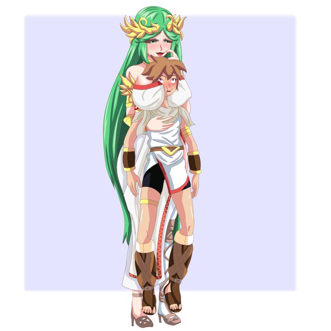 angel clothed cream1900 goddess head_between_breasts huge_breasts hugging_from_behind kid_icarus_uprising lifting_person nintendo palutena pit_(kid_icarus) smaller_male taller_female