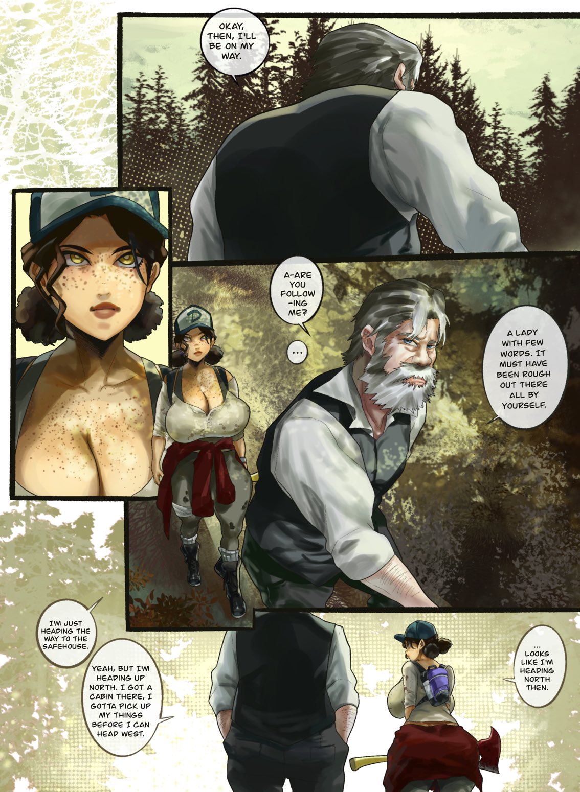 1boy 1boy1girl 1girls blue_eyes breasts breasts_bigger_than_head brown_eyes brown_hair cleavage clementine_(the_walking_dead) clothed clothing comic comic_page comic_panel dark-skinned_female english english_dialogue english_text female forest freckles grey_hair hips interracial large_breasts light-skinned_male male noblood noblood_(ryandomonica) older_male older_man_and_teenage_girl outdoors ryandomonica text text_bubble the_walking_dead the_walking_dead:_a_new_frontier the_walking_dead_game thick_thighs wide_hips