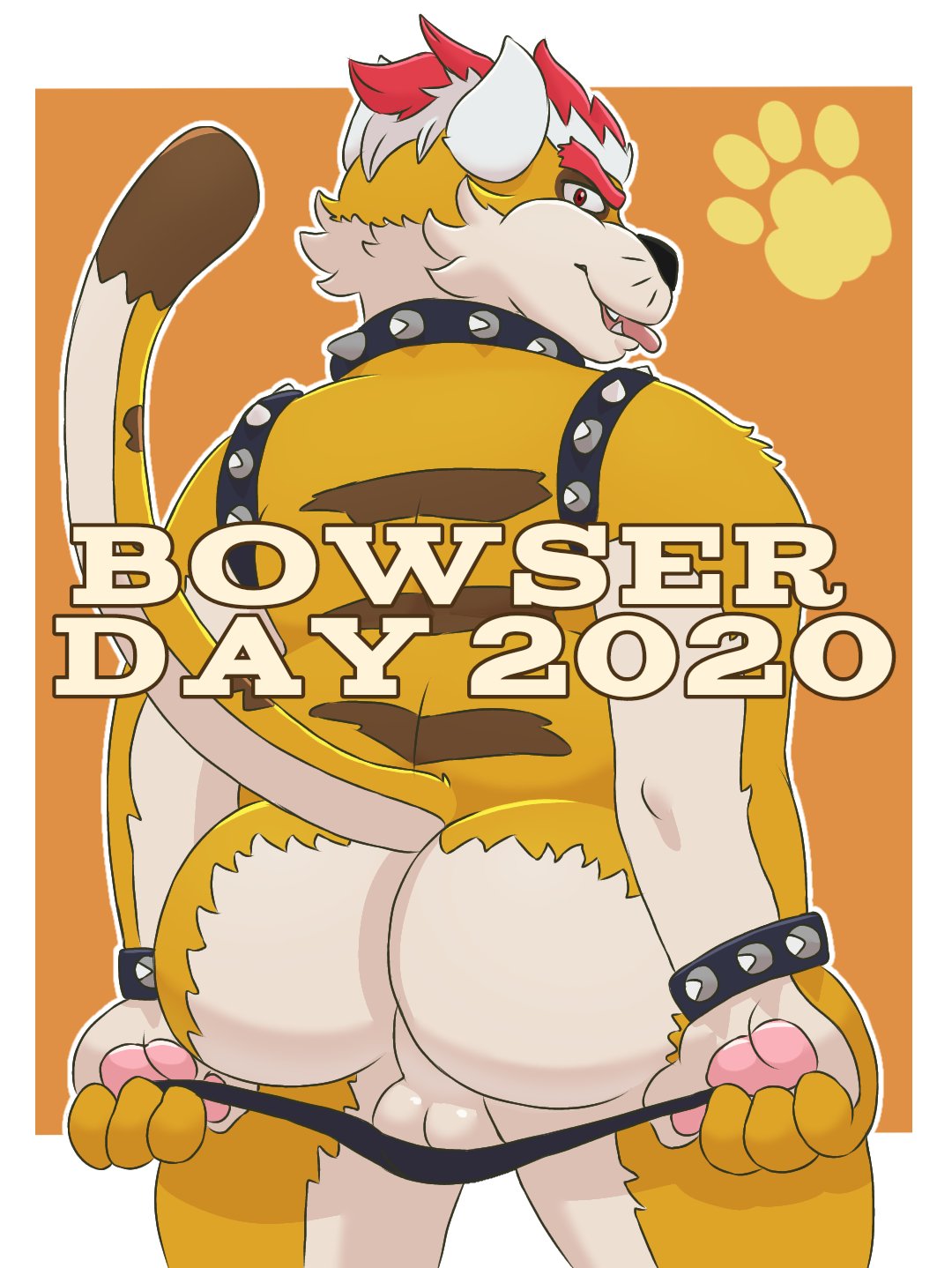 2020 alternate_species ass balls black_nose bowser bowser_day clothing felid feline genitals hi_res koopa male_only mammal mario_(series) meowser nintendo oseterollicete paws scalie smoosho super_mario_3d_world text tongue tongue_out underwear video_games