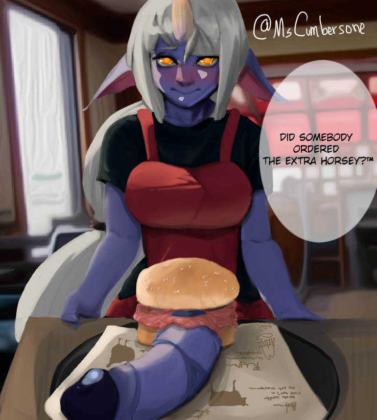 1futa apron big_breasts big_penis blush breasts burger burger_fucking clothed clothing dialogue embarrassed english_text fast_food fast_food_uniform flaccid food food_penetration food_play futa_only futanari horn huge_cock huge_penis humanoid humanoid_penis intersex large_breasts large_penis league_of_legends long_hair looking_at_viewer mostly_clothed mscumbersone orange_eyes penis pointy_ears pov purple_penis purple_skin serving_tray smile solo soraka speech_bubble standing tagme text thick_penis waitress white_hair yellow_eyes