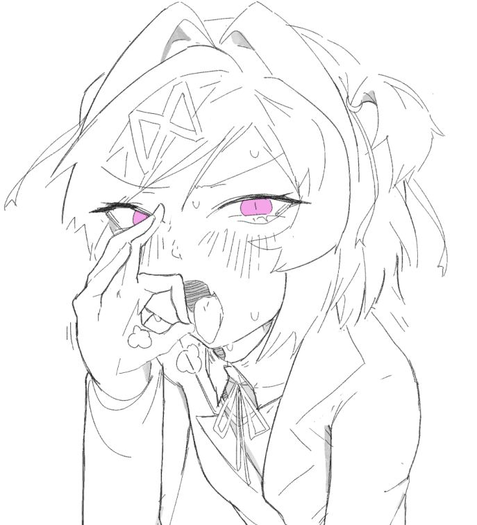 1female 1girls blowjob_gesture colored_eyes doki_doki_literature_club exspiravitbag fellatio_gesture female_focus gesture hand_gesture lewd_gesture motion_lines mouth_open natsuki_(doki_doki_literature_club) open_mouth pink_eyes