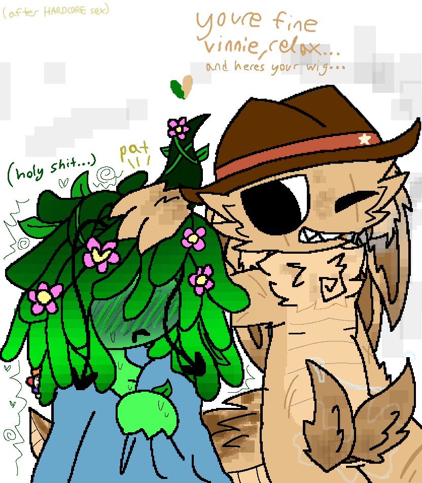 1male1female after_sex animal_humanoid antennae anthro blush_lines blushing_hard cigarette cigarette_smoke claws cowboy_hat dazed flowers_in_hair four_ears green_(sprunki) green_skin head_pat head_spikes heart_antenna hemipenes incredibox_mod multi_genitalia one_horn reptile_humanoid reptilian scars shivering shivering_in_delight sprunki sweating tan_(sprunki) tunner_(sprunki) vineria_(sprunki) vines wholesome wrapped_in_blanket