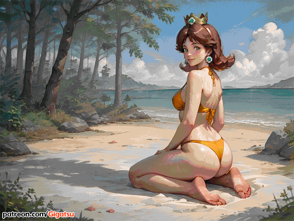 ai_generated barefoot bikini brown_hair crown feet foot_fetish from_behind gigatsu mario_(series) nintendo princess princess_daisy sea summer toes