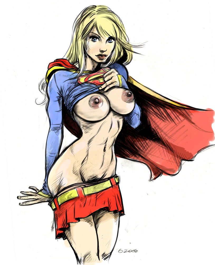 blonde_hair blue_eyes breasts dc female long_hair looking_at_viewer nipples oddjob supergirl tagme