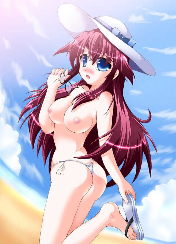 beach bikini blue_eyes blush futaba_shion futaba_utane glasses hat long_hair nipples side-tie_bikini summon_night summon_night_3 swimsuit topless