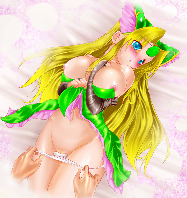 blonde_hair blue_eyes blush breasts bridal_gauntlets detached_sleeves elbow_gloves gloves head_wings headwings helmet large_breasts long_hair lying mokomoko_yanakku oikawasyu panties panty_pull riesz seiken_densetsu seiken_densetsu_3 uncensored underwear undressing winged_helmet